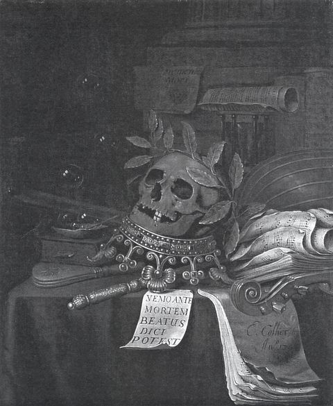 Anonimo — Collier Edwaert - sec. XVIII - Natura morta con teschio, corona, spartito e strumenti musicali — insieme